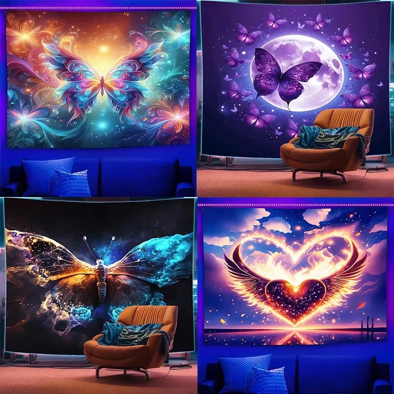 VIKAMA Cosmic Psychedelic Tapisserie Nebula Schmetterling Neon Herz Burst Kristall Berge Wohnzimmer Dekoration Gaming Zimmer