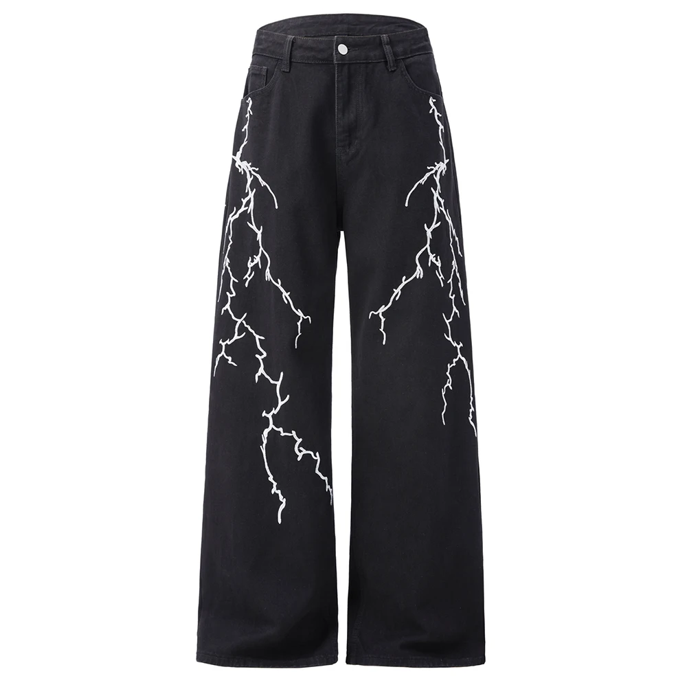

Men's Embroidery Denim Jeans Casual Loose Straight Non Stretch Cotton Pants Black Trousers