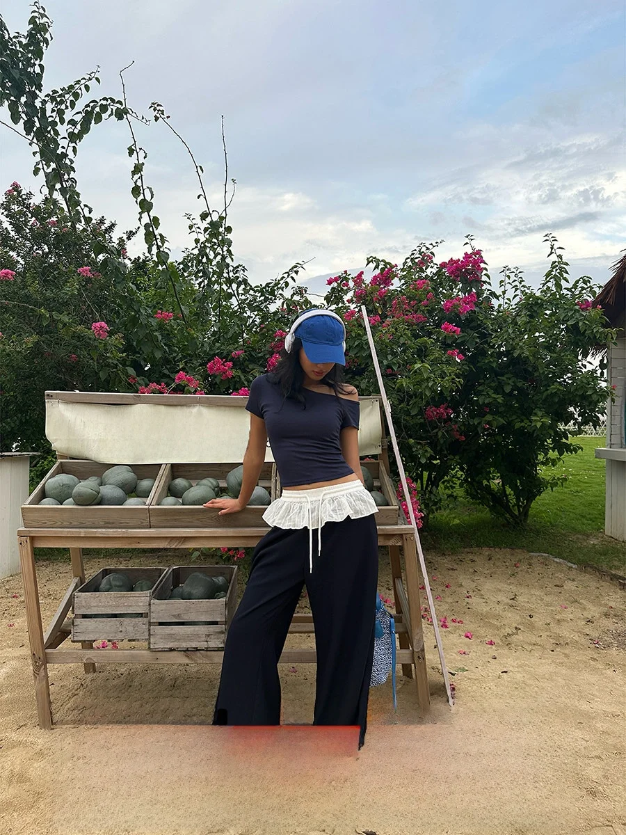 

Американские повседневные брюки Deep Blue для женщин, широкие брюки с кружевным декором, лето 2025, с высокой талией, свободный крой, женские брюки