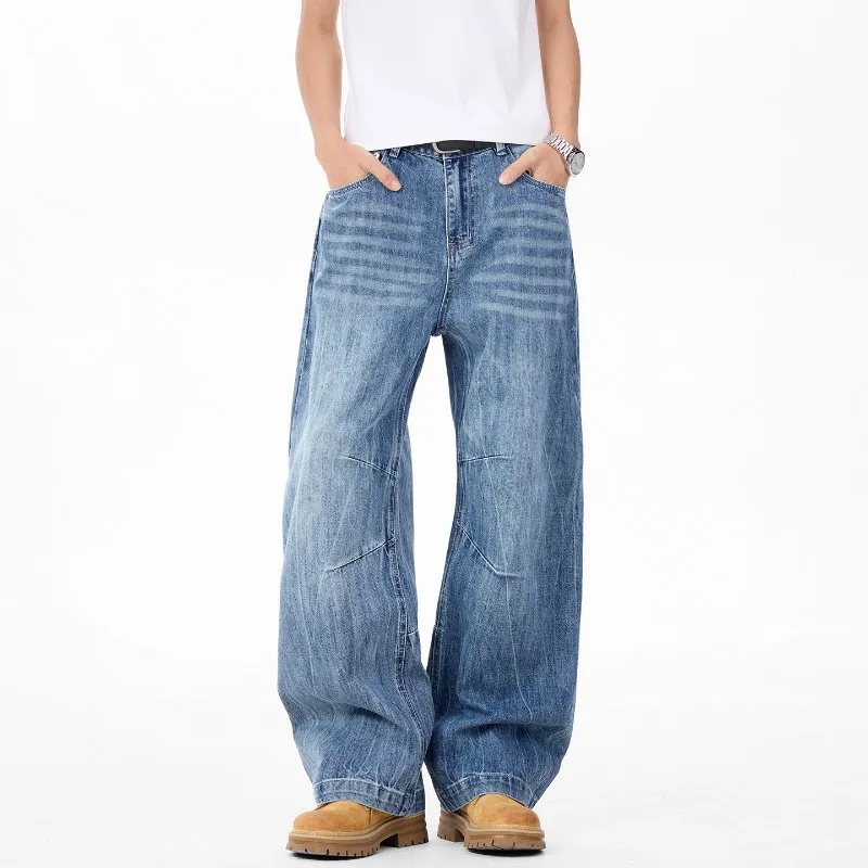 

Vintage Men's Curved Seam Wide Leg Jeans Washed Blue Baggy Fit Casual Lightning Pattern Flower Washing Denim Pants