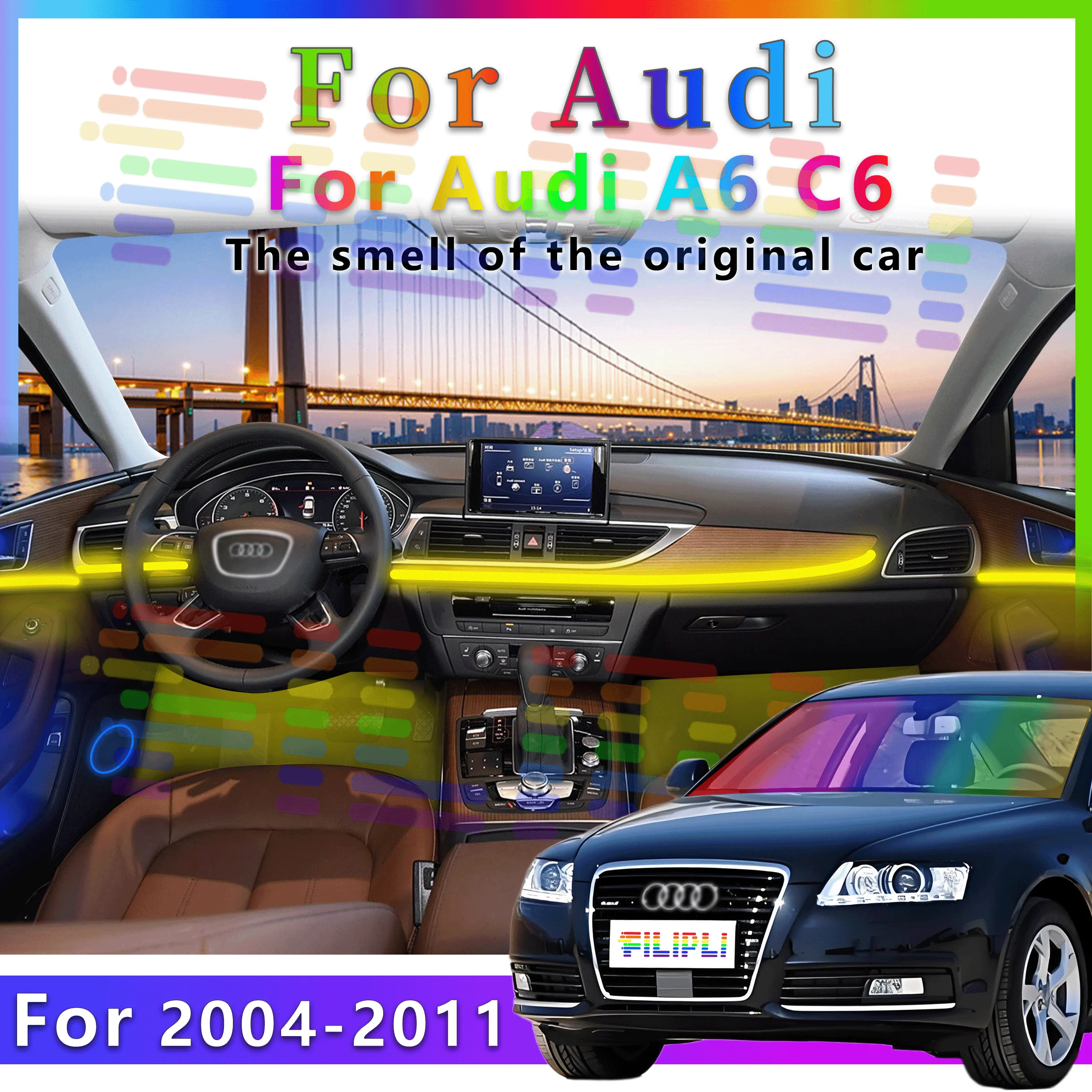 

For Audi A6 C6 2004-2011 Decoration Atmosphere Lamp 64 Color RGB Symphony car Ambient Light Interior Acrylic Guide LED Strip