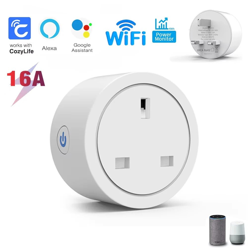 Умная розетка с Wi-Fi, 16 А, вилка стандарта Великобритании, с функцией мониторинга энергопотребления, поддерживает приложение CozyLife, совместима с голосовым управлением через Alexa и Google Home.