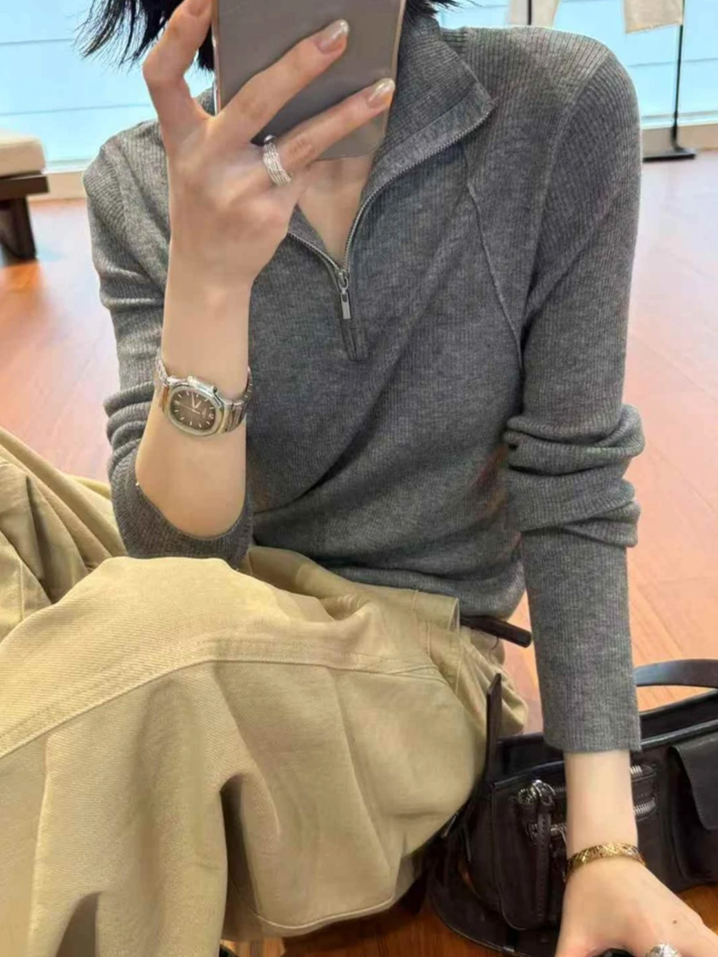 เสื้อไหมพรมถักทรงยาวแบบเรโทร มีซิป สวมใส่สบาย ช่วยให้ดูผอมเพรียว เสื้อผู้หญิงแฟชั่น ใส่เป็นเสื้อตัวในได้ เหมาะสำหรับฤดูใบไม้ร่วงและฤดูหนาว