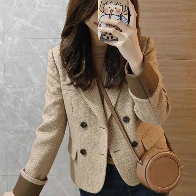 Retro Commuter Elegant Khaki Button Women's Suit Jacket Autumn Small Size Top Cross-Border Fashion Polyester Non-iron Treatment