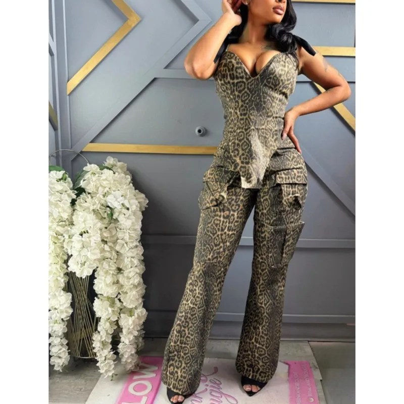 Women Leopard Oil Painting Two-piece Set Summer Temperament Sexy Full Body Printed Pattern Comfortable Casual Club Party Outfits
