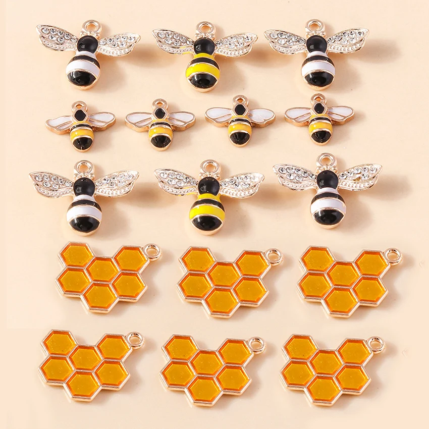 10pcs Cute Enamel Crystal Tiny Honey Bee Charm for Jewelry Making Accessories Earring Necklace Bracelet Hondycomb Charm Pendant