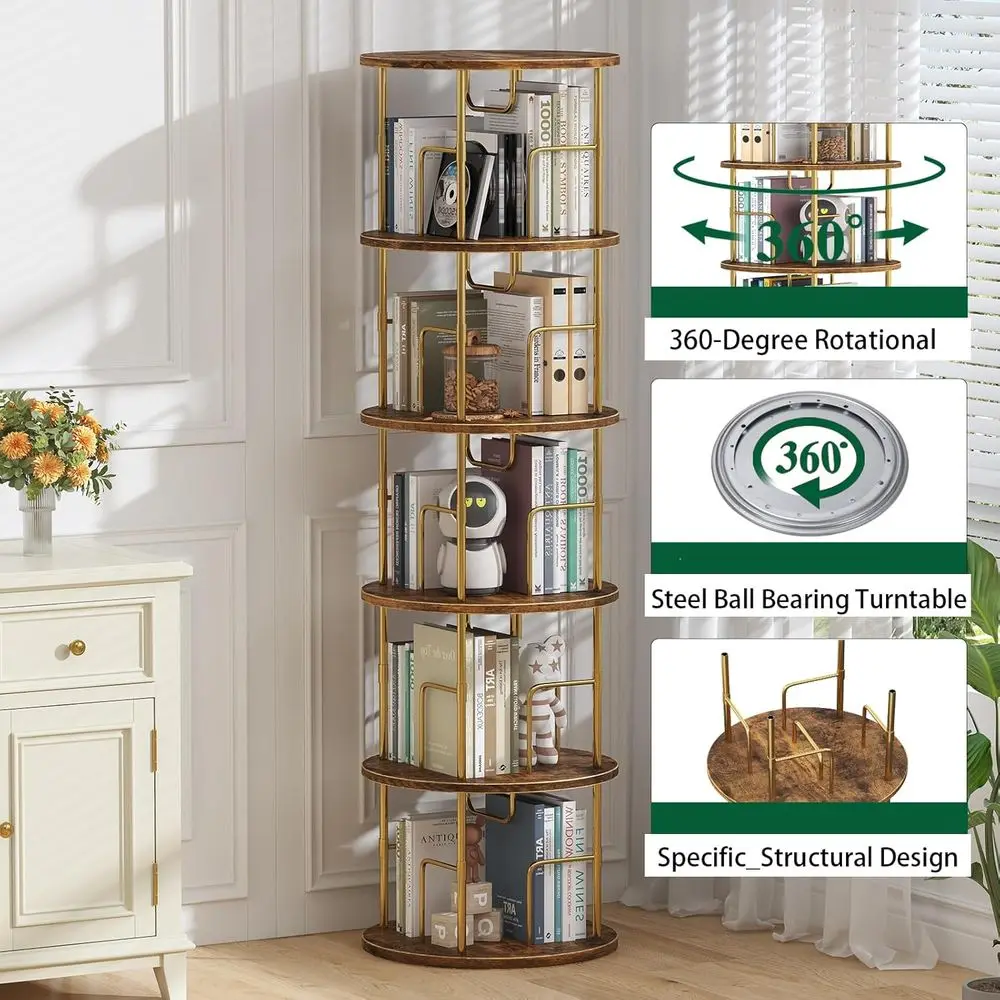 5Tier Rotating Bookshelf, 360 ° Display Stackable Spinning Bookshelf Tower,Round Space Saving Tall Floor Standing Swivel Bookcas