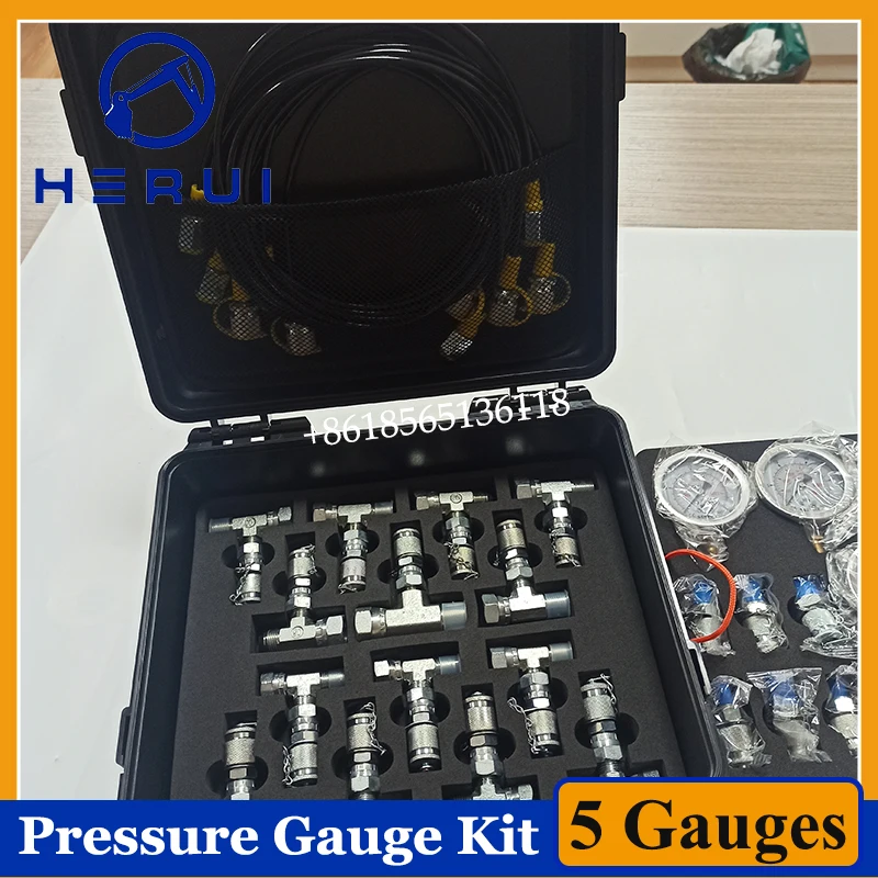 Construction Machinery Hydraulic 5 Gauges Pressure Gauge Test Kit Excavator Hydraulic Pressure Gauge with Tee Connectors