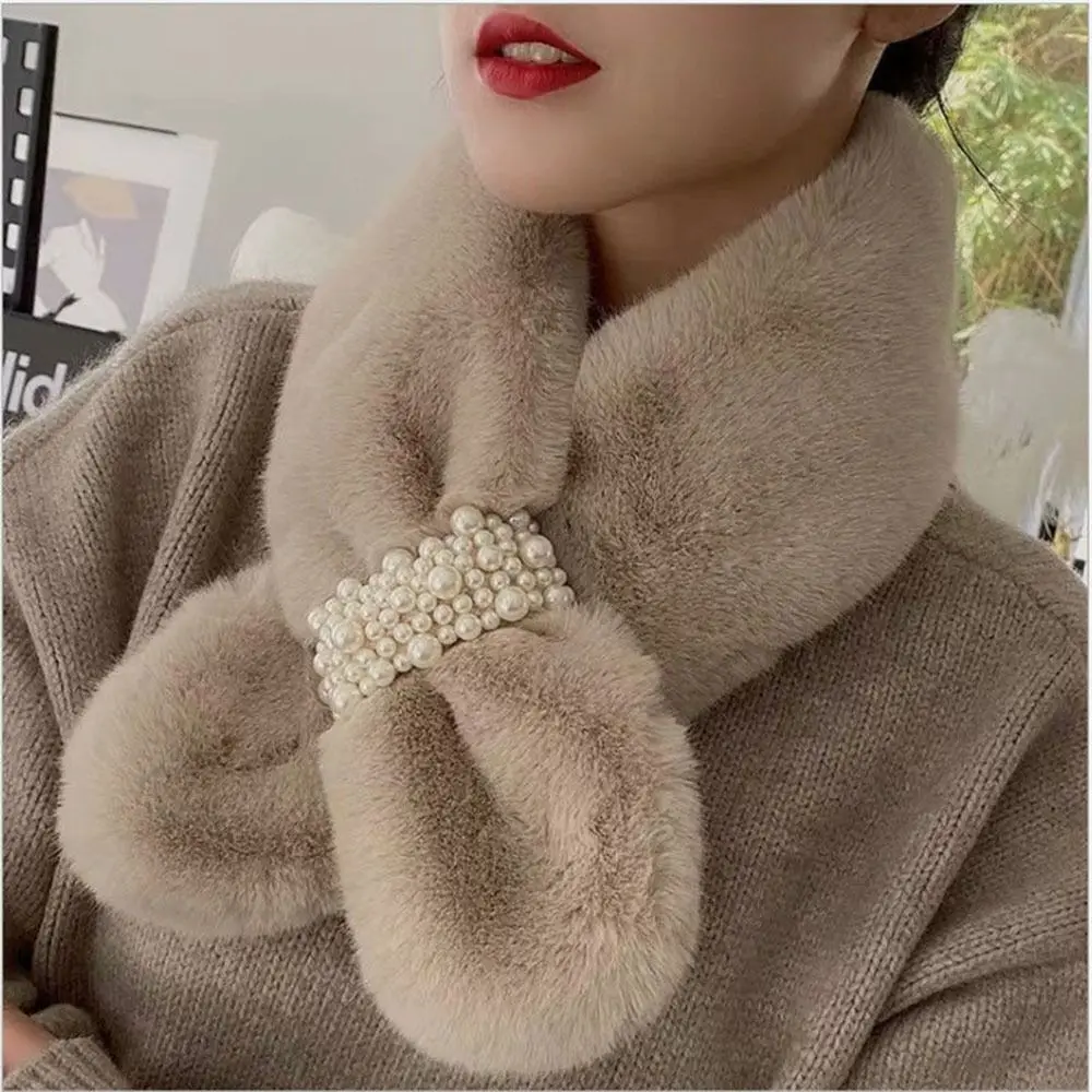 Elegant Winter Warm Faux Rabbit Fur Plush Solid Color Neck Warmer Neckerchief Wrap Cross Scarf