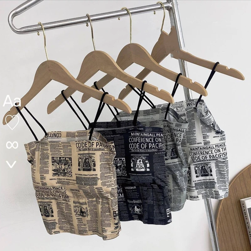 女性用チェストパッド付きトップチューブ,小さな新聞プリントのトップ,サマーベスト,インナートップ