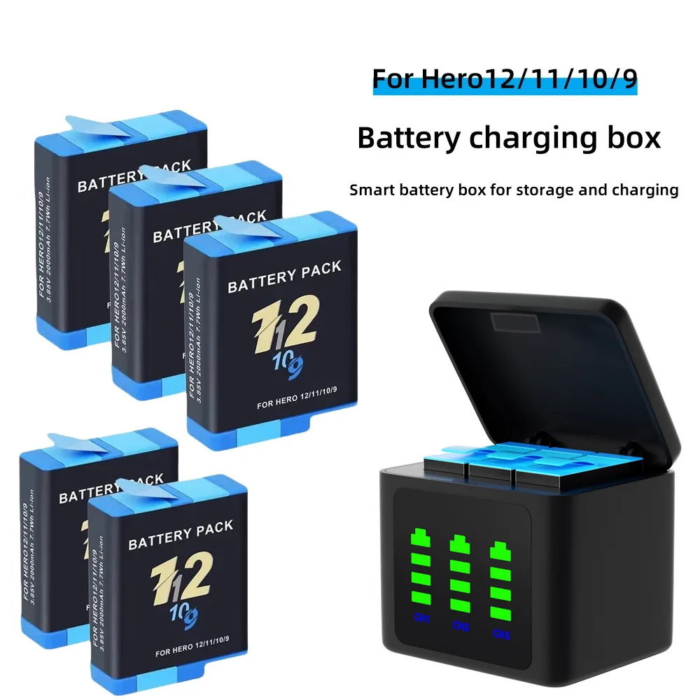 Battery For GoPro Hero 12 11 10 9 Motion Camera 2000mAh Battery Fast Charger Box For GoPro Hero Rechargeable Battery Accessories
