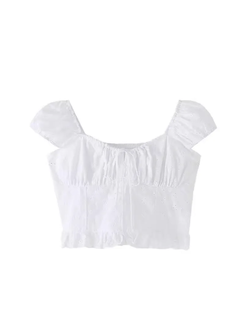 Square Collar Lace-up Chic Summer T-shirts Flower Embroidery Tight Sexy Crop Top Sweet White Versatile Short Sleeve Tee Tank