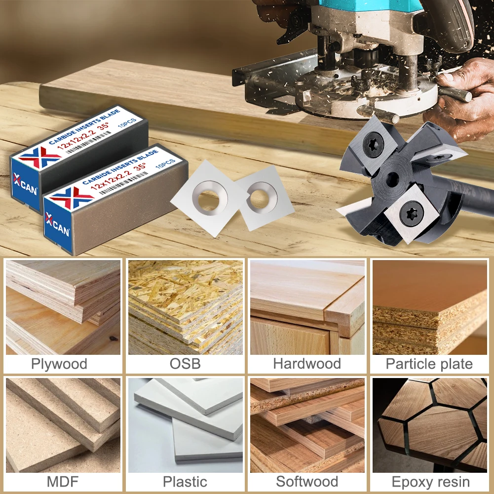 XCAN Carbide Insert Slab Cutter for Wood Planer Bit 12x12x2.2/10.5x10.5x2.2/14x14x2mm Spoilboard Surfacing Router Bit Insert