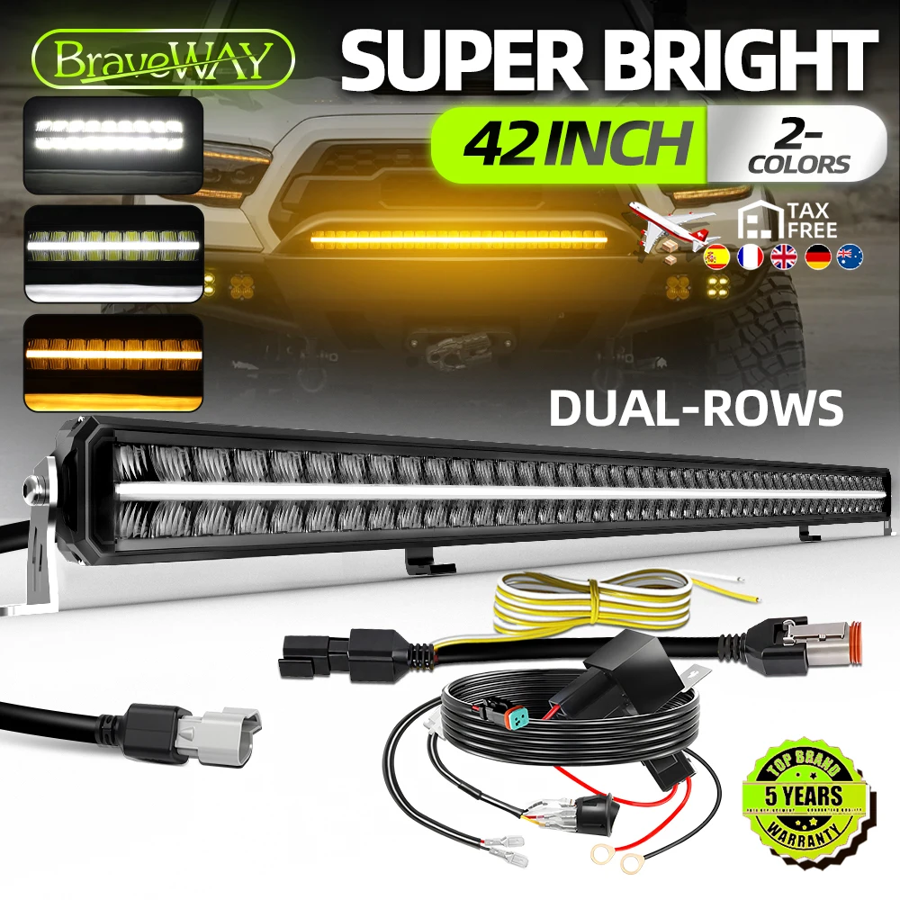 Braveway 42 Zoll ECE LED-Lichtleiste IP68 Wasserdicht Doppelreihig Weiß Amber DRL Fahrlicht 10V-30V Universal für LKW Pickup ATV Offroad-Fahrzeuge