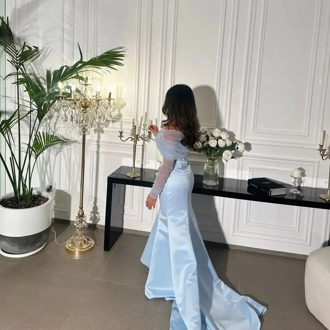 Azul plissado vestidos de baile sereia fora do ombro mangas compridas vestidos de noite até o chão arábia saudita vestido de festa de casamento