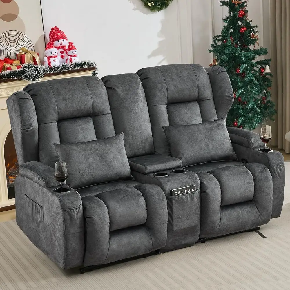 

65.5 Velvet Charcoal Loveseat Recliner | Double Recliner Sofa & Ottoman | Wall-Hugging Loveseat Reclining RV Theater Seats | RV