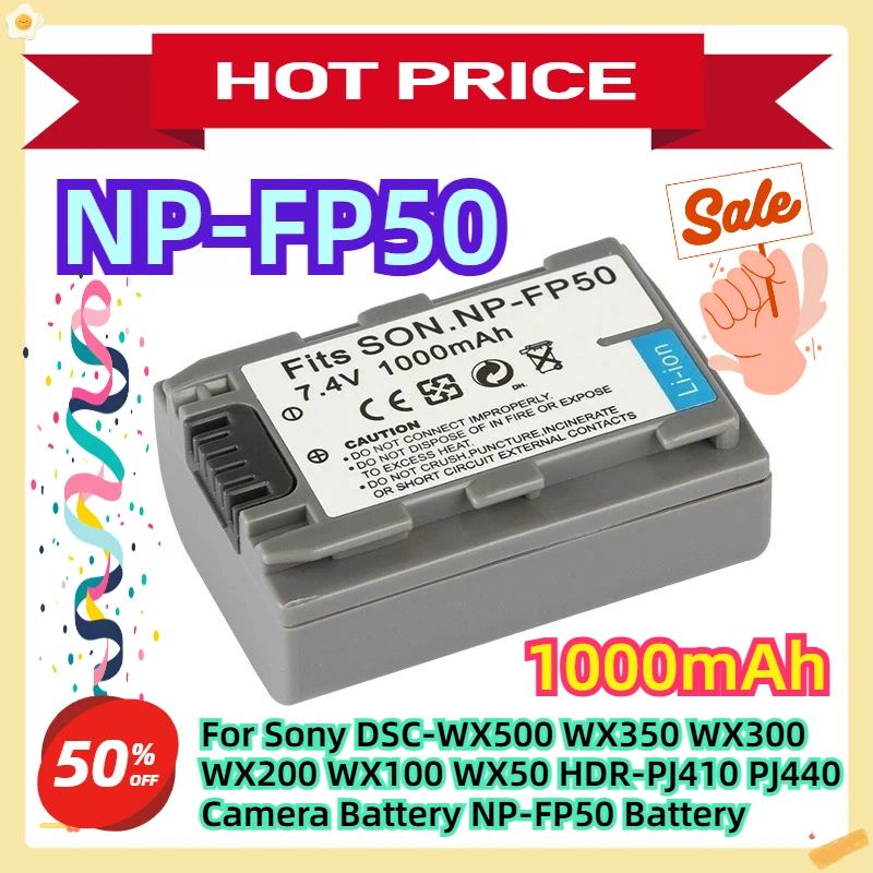 

For Sony DSC-WX500 WX350 WX300 WX200 WX100 WX50 HDR-PJ410 PJ440 Camera Battery NP-FP50 Battery 1000mAh