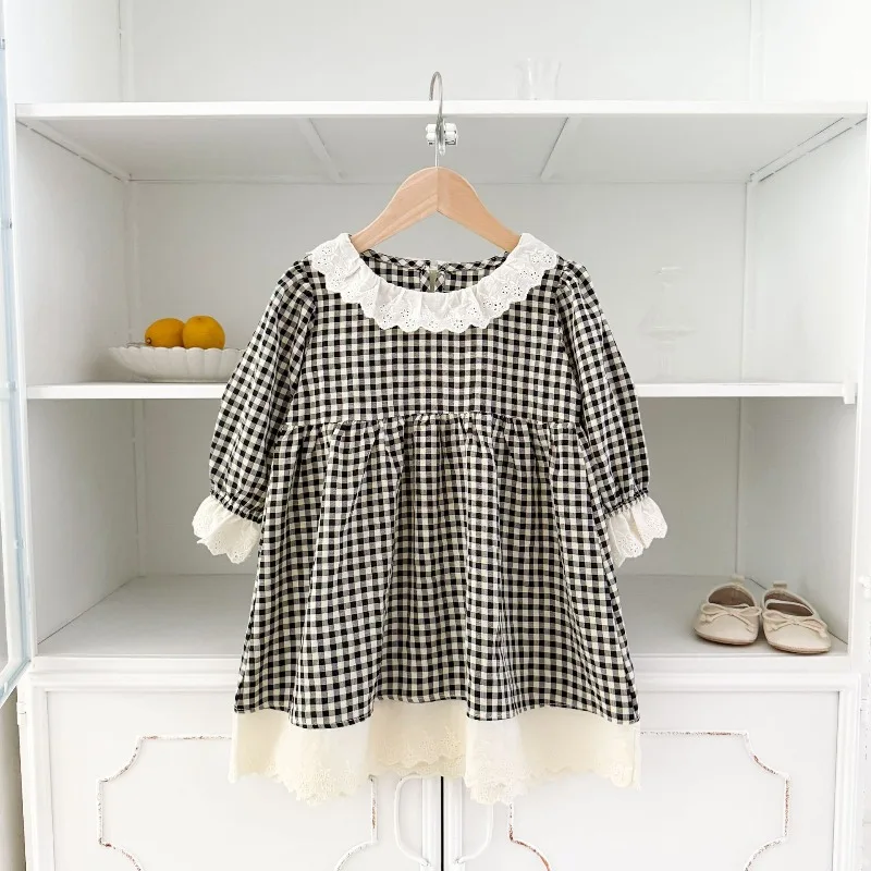 Korean New 2026 Girls Doll Collar Plaid Dress Spring and Autumn Hollow Splicing Lace Long-sleeved Princess Dress