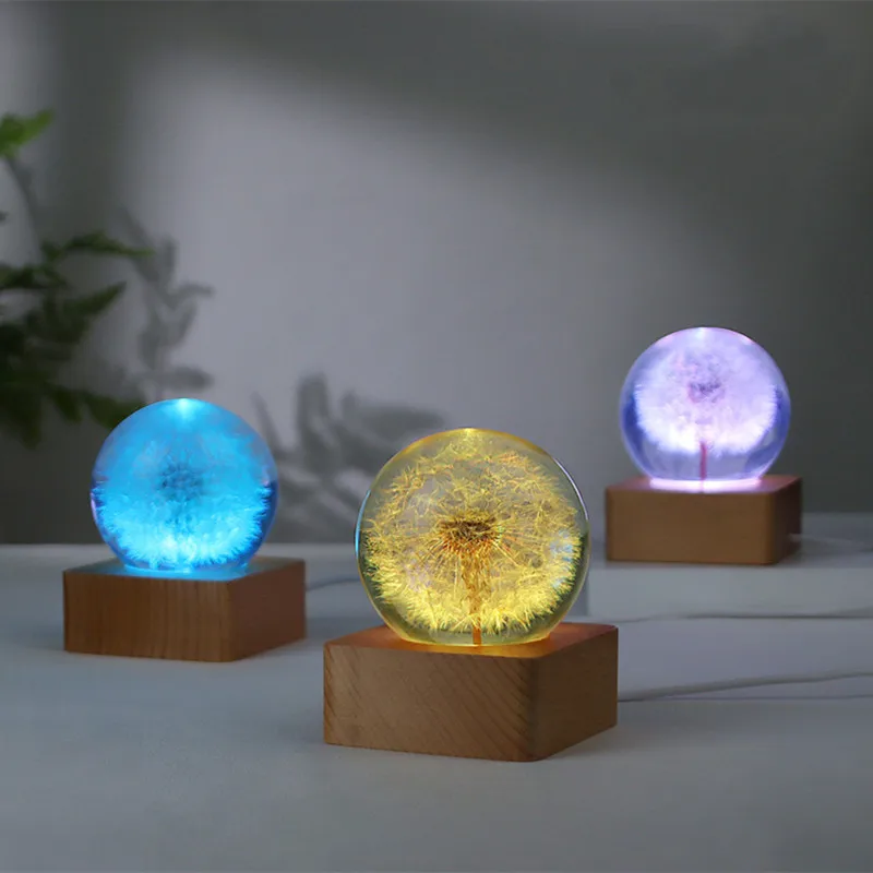 7CM Crystal Ball 3d Dandelion Luminous Wood Stand Base Colorful Glowing Light Flower Resin Figurine Desk Decor Gifts for Kids