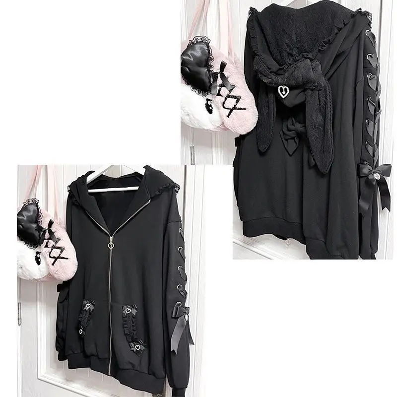 

Японские женские толстовки с капюшоном в стиле Y2K, милые пальто с кроличьими ушками, модные повседневные свитшоты в стиле Харадзюку с кружевным бантом