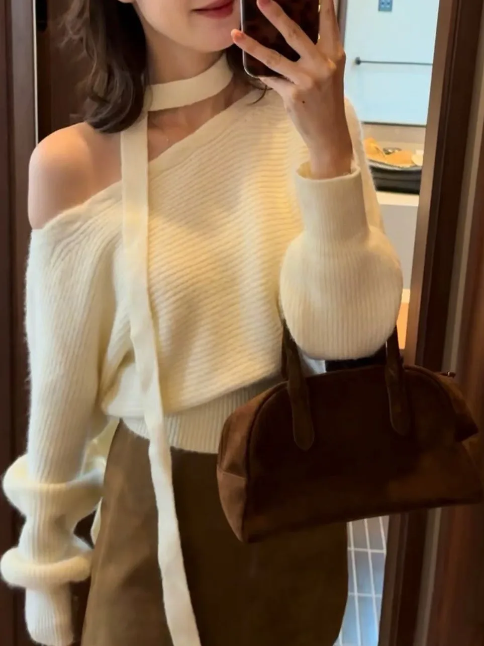 

Korean Sle Loose Fit Knitted Sweater Women's One-oulder Bowed Ne Warm Casual Versatile Waist-Cinching Spring Sweater