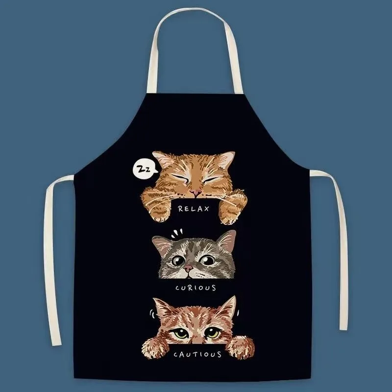 Cute Cat Print Linen Apron Kitchen Cooking Baking Apron Sleeveless Waist Unisex Parent-Child Apron