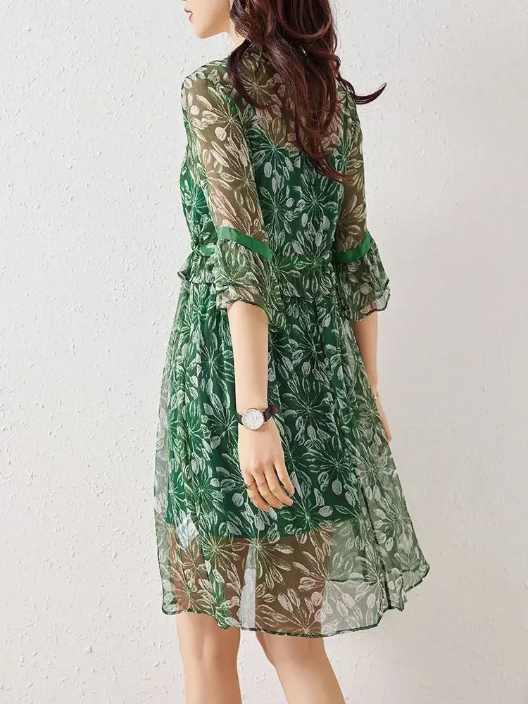 Floral Silk Dress Vintage Dress V-neck Sexy Summer Dress Women Clothing Green Elegant Suspender Dresses Vestidos De Mujer Zm635