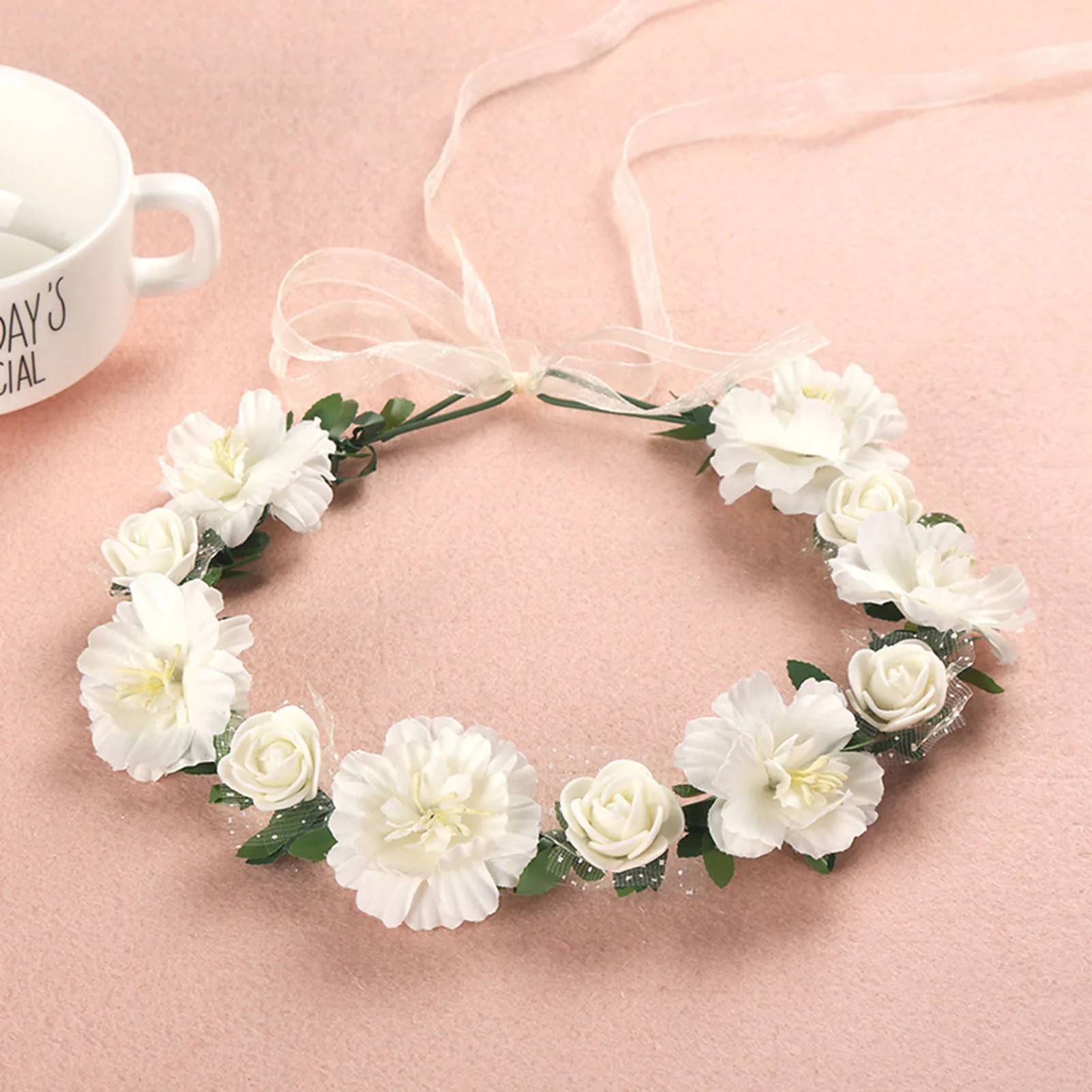 Flower Hairband Garland Bohemian Simulated Fabric Flower and Leaf Wreath for Women Party Hairstyle Making