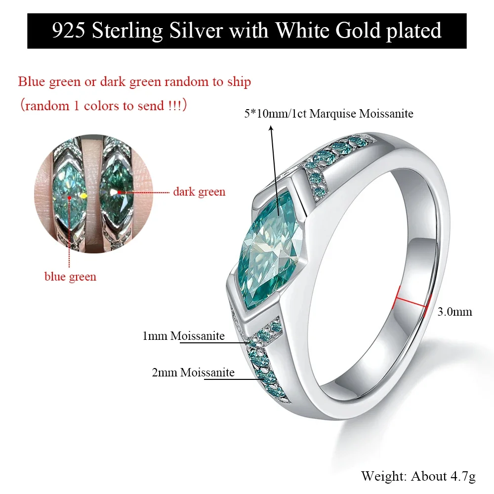 Pretty Beauty Bezel Setting 1ct Green/Black Moissanite Ring S925 Silver for Women Marquise Cut Diamond Wedding Band Fine Jewelry