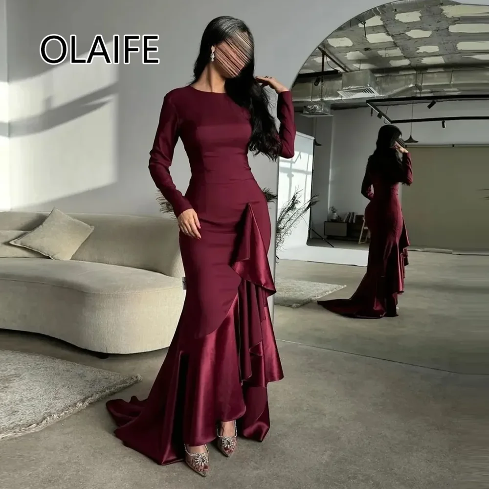

Long Sleeve Dubai Arab Dres O-neck Satin Tiered Pleated Floor-Length Backelss Court Evening Gown فساتين سهرة Customized