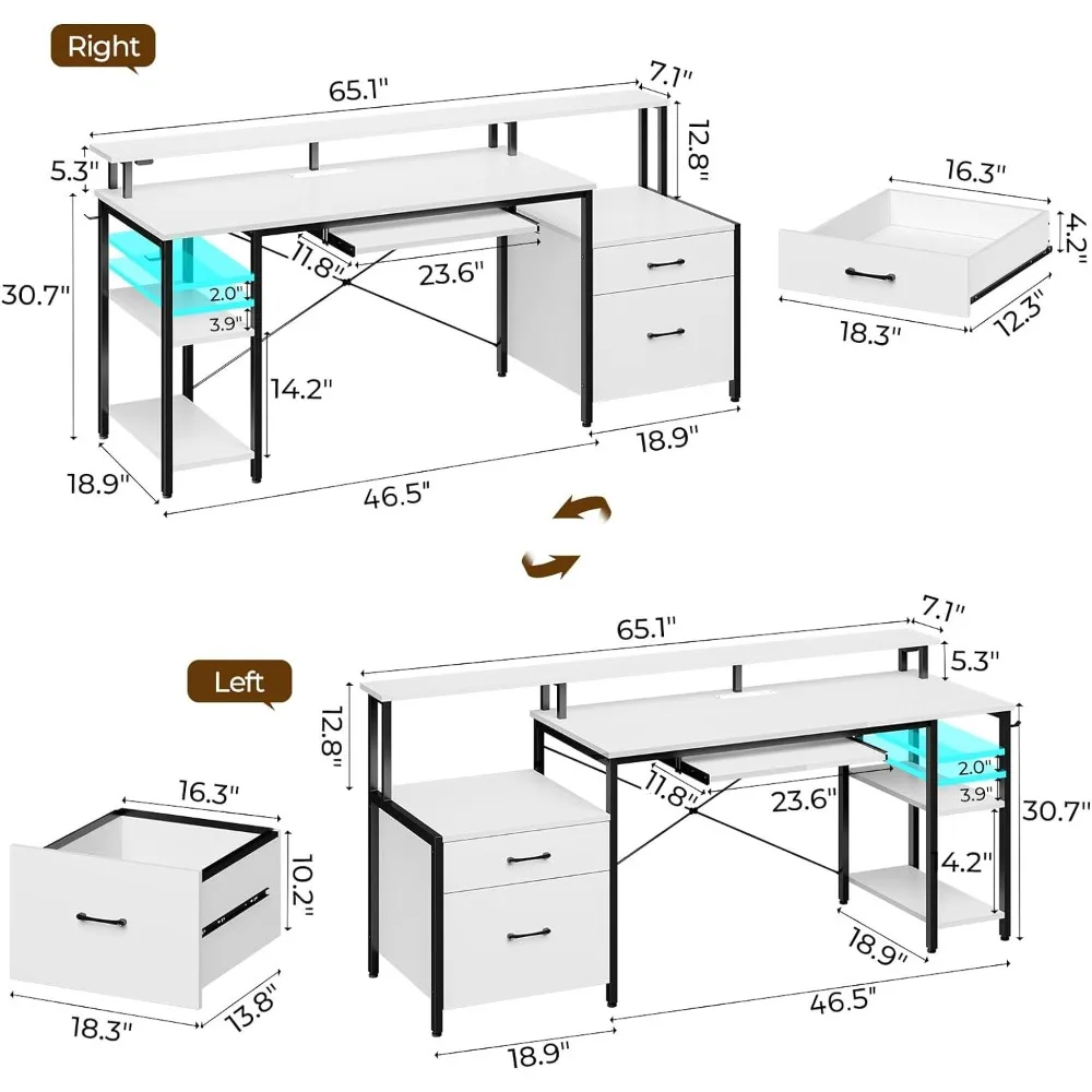 Rolanstar Computer Desk 65 "Met Bestand Lade, Gaming Bureau Met Led Licht En Stopcontacten, Thuis Bureau Met Bestand