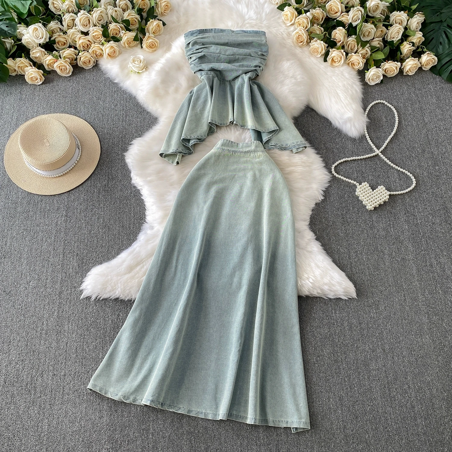 

Women Retro Pleated V-neck Racerback Denim Vest With Irregular Slim Waist Pleasted Long Skirts Clothing Suits