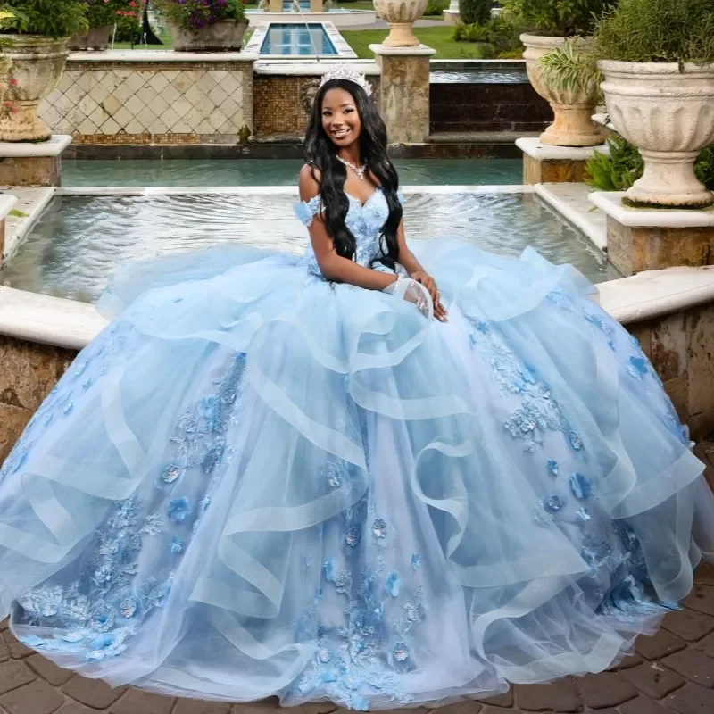 mexican 15 birthday dress Customized Light Blue Princess Quinceanera Dresses Lace Appliqued Formal Prom Vestido Rojo Xv Años Can choose Please tell 65%RR Annie Polka Dot Satin Size:4-5 Years