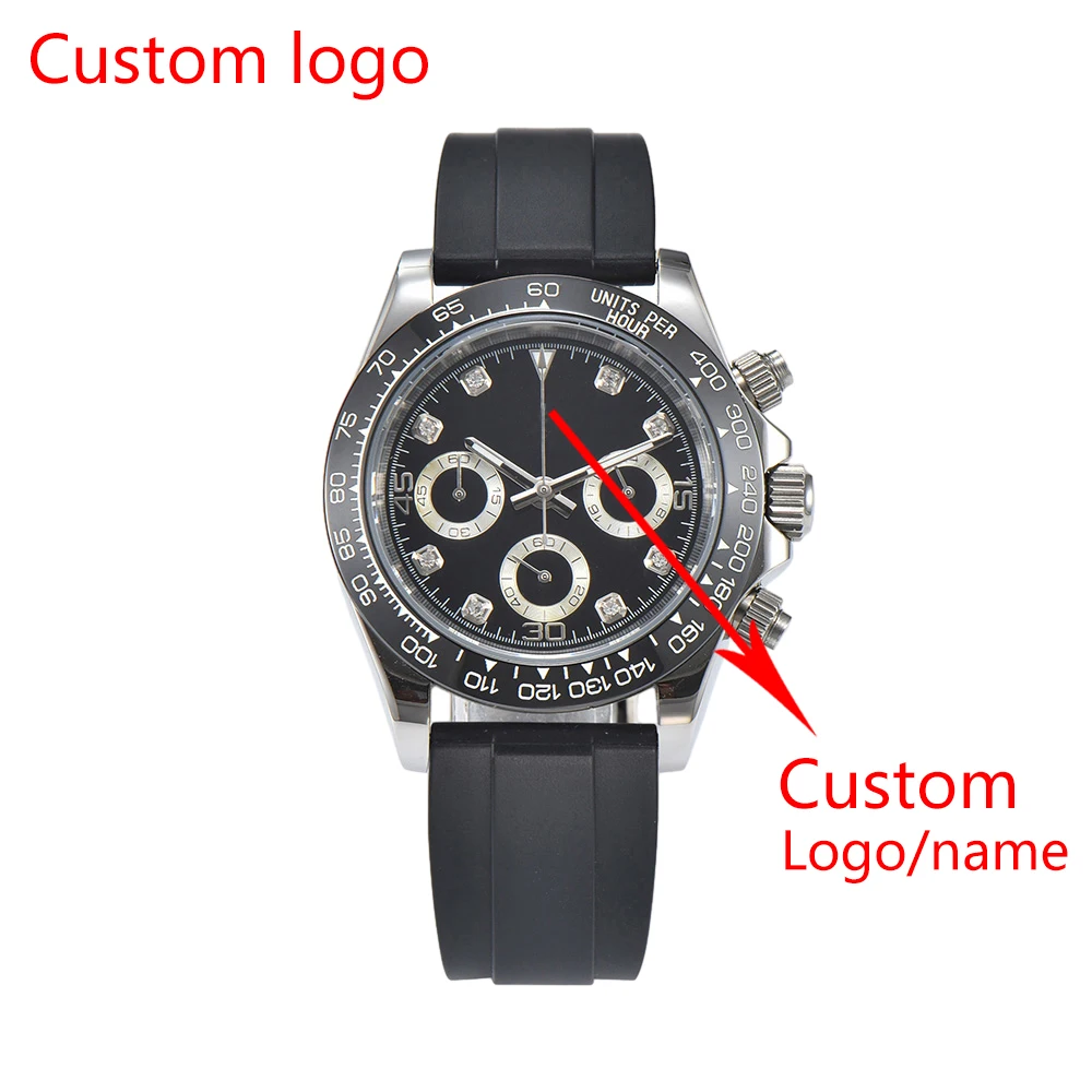 Custom Logo 39mm Mens watch Luxury Brand Rubber Strap Moonwatch For Mens Business Chronograph VK63 quartz movement