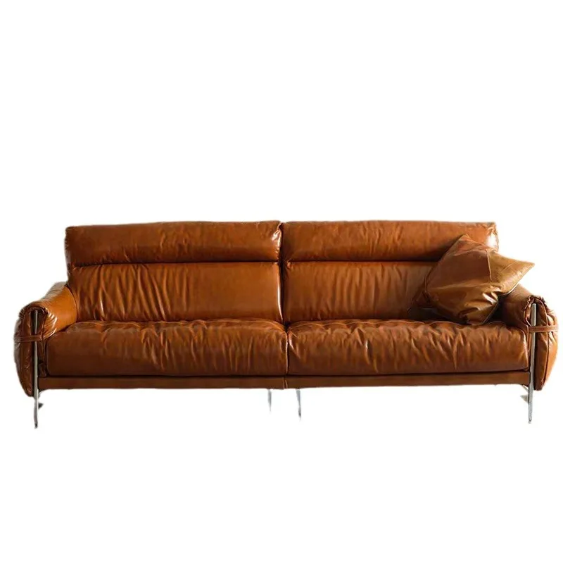 

French retro oil wax leather leather sofa small apartment straight row steel frame down medium ancient style
