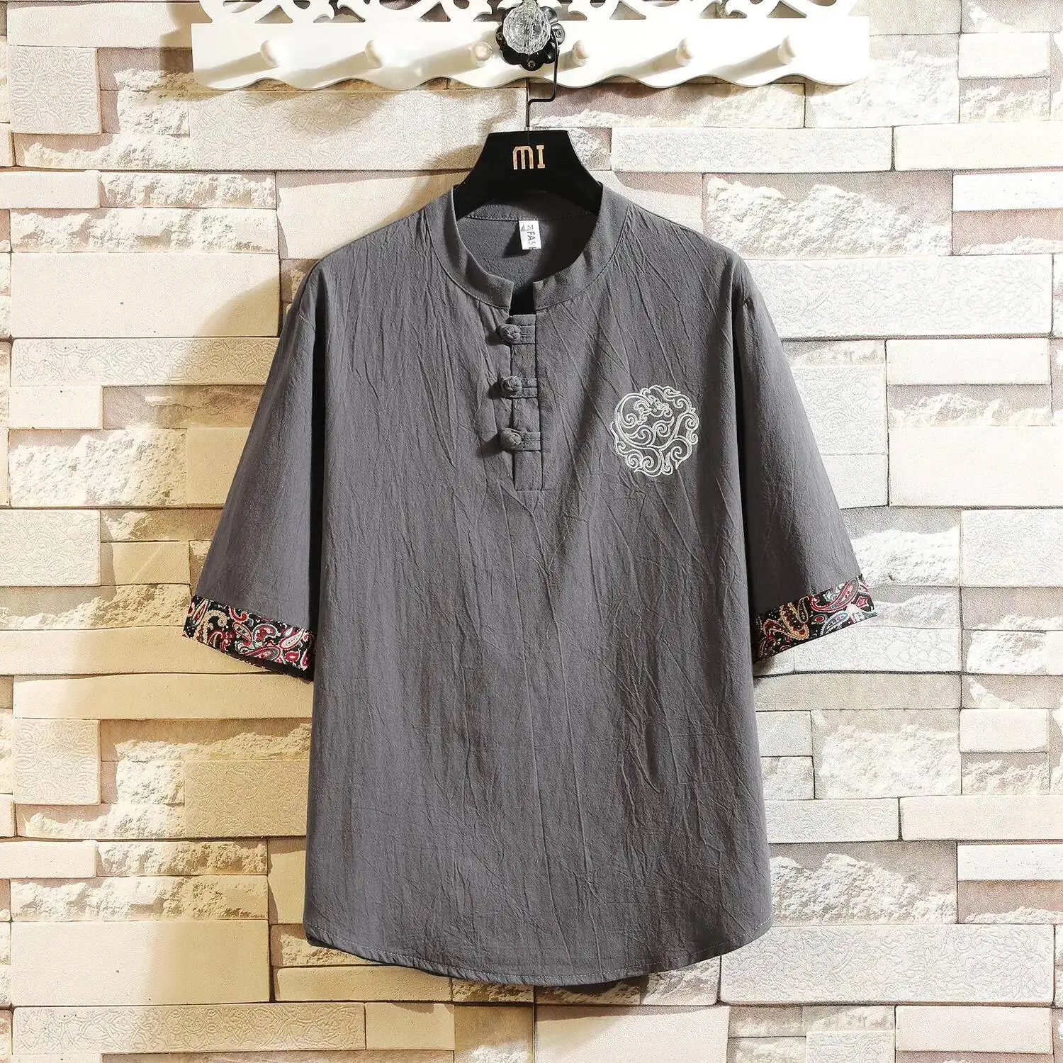 Fashionable Men's Hanfu Tops with Chinese-Style Tang Suit Summer Cotton and Linen Short-Sleeve T-Shirt Kongfu Shirt Men CN-192