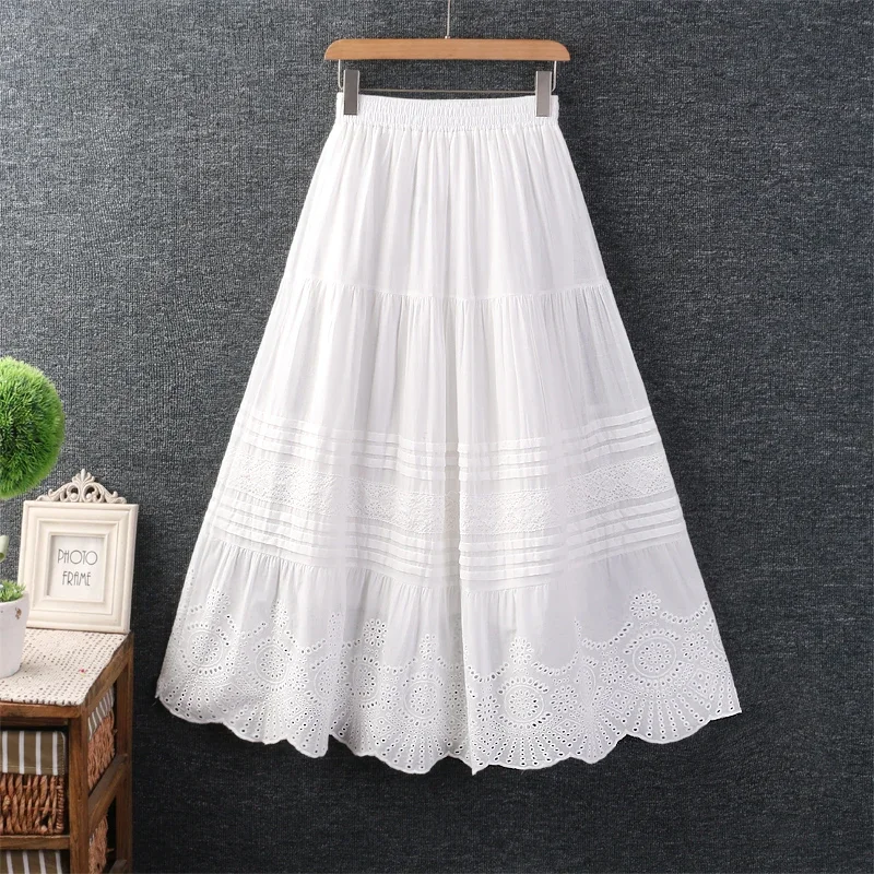 Japan Style Mori Girl Hollowed Out Embroidery Cotton Linen Skirt Women Elastic Waist Spring Autumn Casual Loose Vintage Skirts