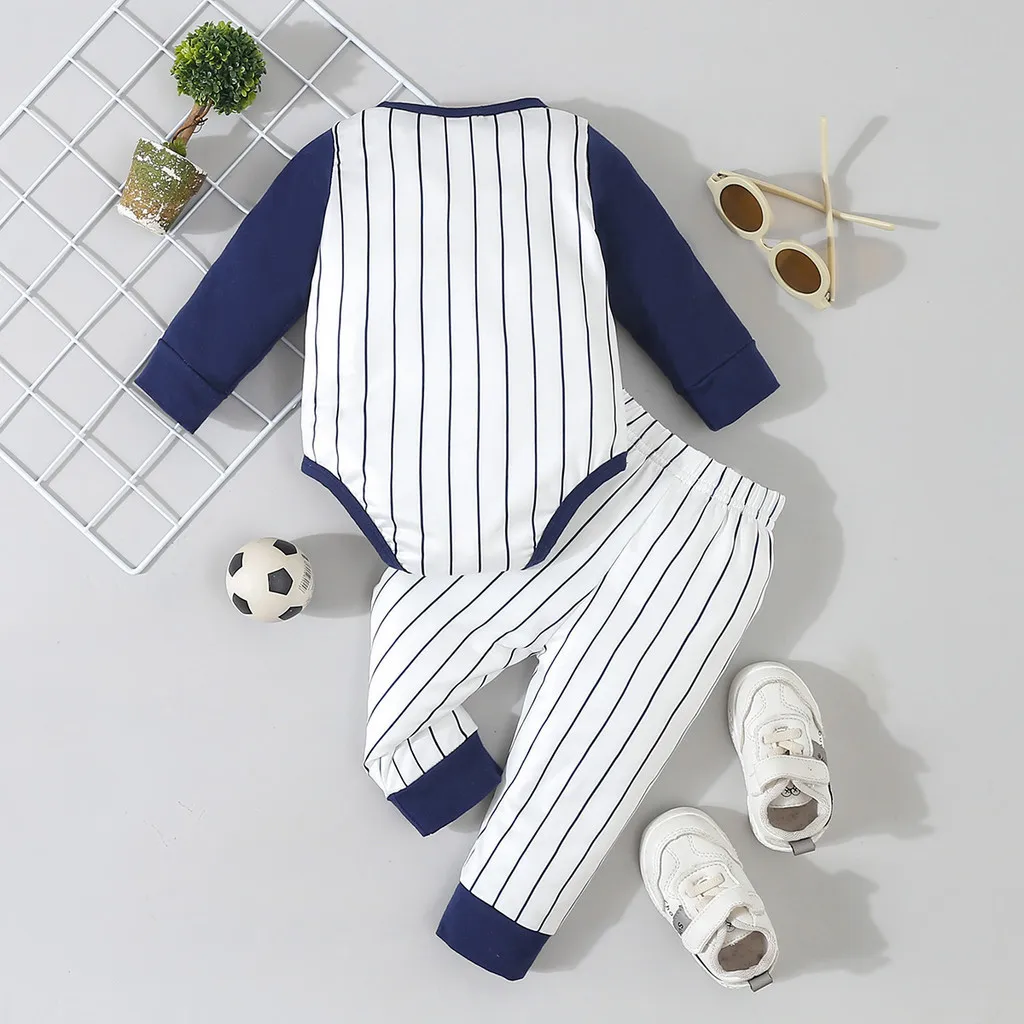 0-18 Months Newborn Baby Boy Clothing Set Long Sleeved Patchwork Striped Baseball Jumpsuit with Pants Autumn Indoor Party Suit