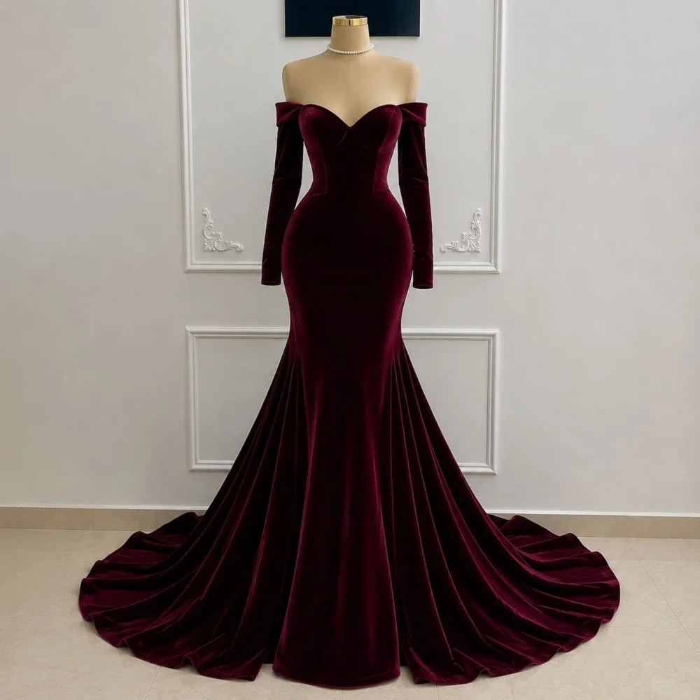 Maßgeschneidertes Elegantes Velours-Partykleid für Hochzeiten, Stilvolles Schulterfreies Meerjungfrauenkleid in Bodenlänge, Hochwertig