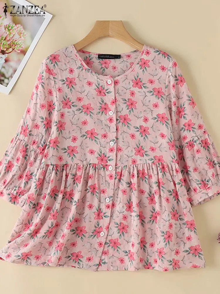 ZANZEA Autumn Elegant Floral Printed Shirt Women 3/4 Lantern Sleeve Blouse Bohemain Casual Holiday Blusas Ruffles Hem Tunic Tops