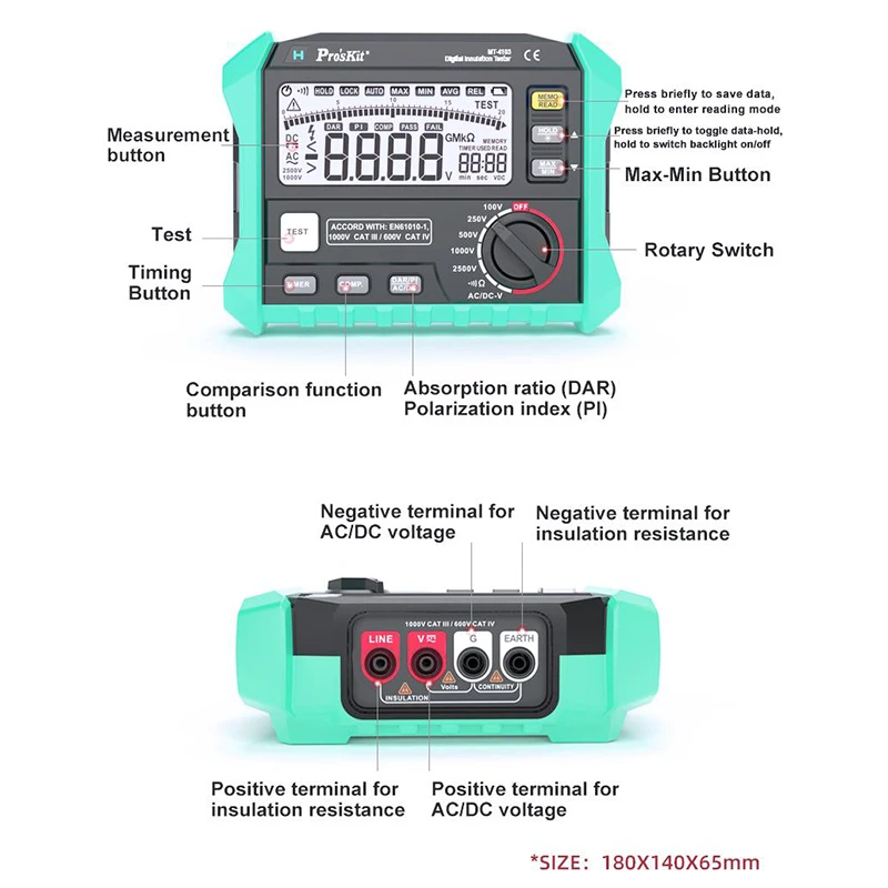 Pro'skit MT-4103 Insulation Resistance Tester 2500V Megohmmeter 200GΩ Ohm Meter Digital Ohmmeter Electrical Megometer Auto Range