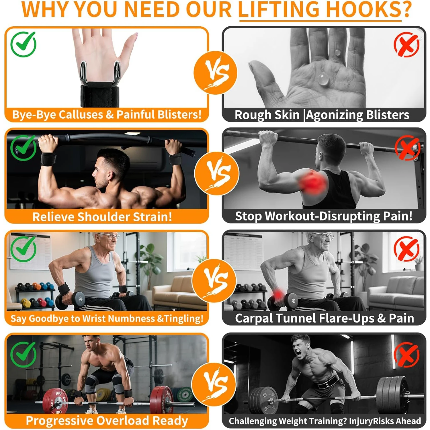 1 Paar Hebehaken und gepolsterte Handgelenkschlaufen, Kreuzhebergriffe für Gewichtheben, Klimmzüge, Achselzucken und Powerlifting – Detail 4
