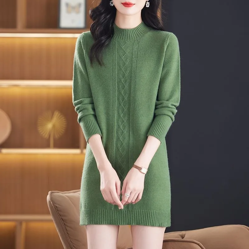 Autumn Winter Mid Length Knitted Dress Slim Women's Knit Pullover Sweater Long Sleeve Half High Collar Outerwear Turtleneck