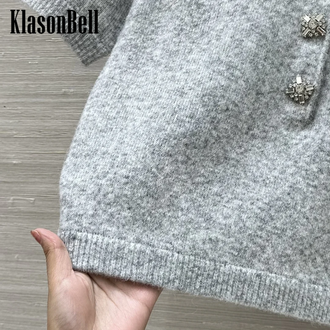 9.2 KlasonBell Women\'s Fashion Crystal Lapel Short Sleeve Knitwear Diamonds Button Decoration Temperament Sweet Style Sweater