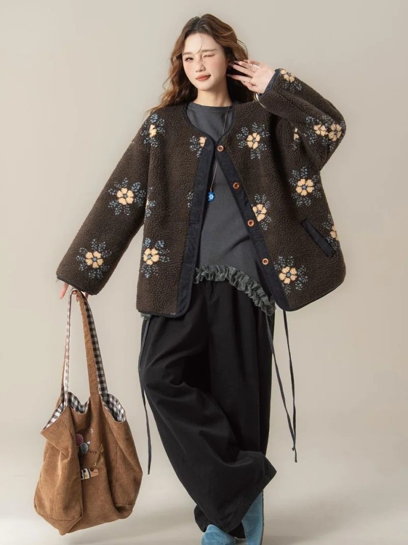 versized Retro Printed Lamb Wool Jacket Women 2026 Spring Winter Loose Warm Coat Vintage Slimming Fashion Outerwear J056