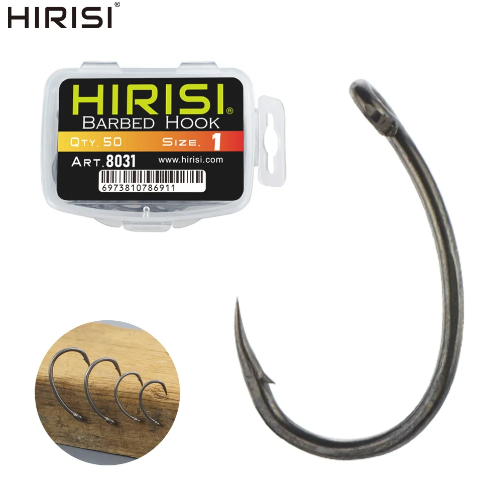 Hirisi 50 Stück PTFE-beschichtete Angelhaken aus Edelstahl mit hohem Kohlenstoffgehalt und Widerhaken mit Auge, Angelzubehör 8031
