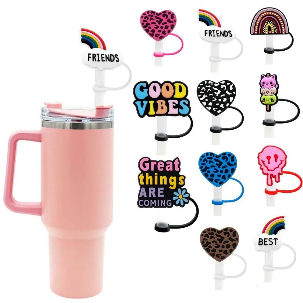 2pcs Dustproof Leopard Print Heart Straws Tips Reusable Splash Proof Rainbows Straw Toppers Silicone Straw Cap Valentines Day