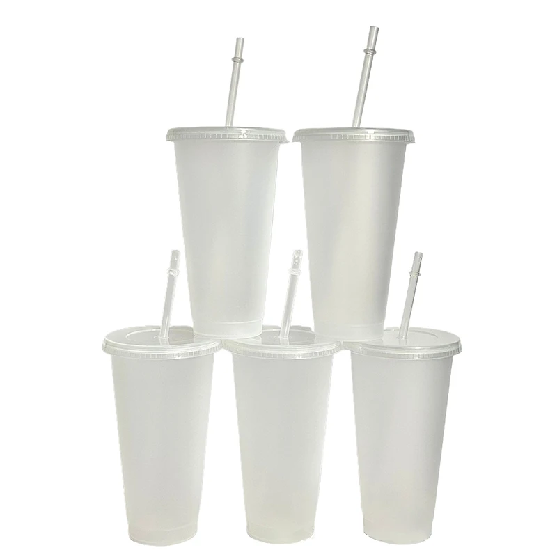 710/475ml Transparent Straw Cup With Lid Color Change Coffee Cup Reusable Cup Plastic Tumbler Matte Finish Coffee Mug Couple Cup