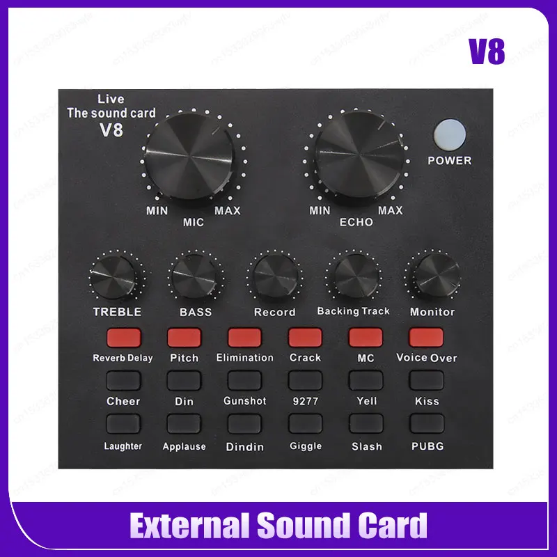 V8 Audio USB External Sound Card 6 Kinds of Effect Headset Microphone Live Broadcast Sound Card for Mobile Phone Computer PC