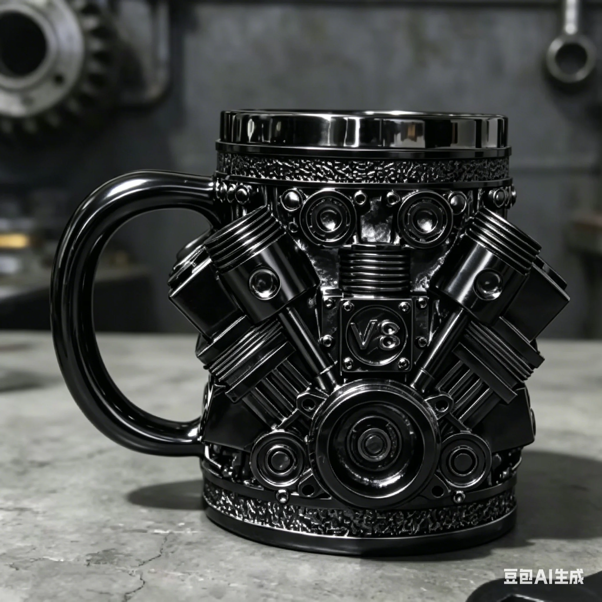 JIE Vintage V8/V6 Engine Design Stainless Steel Mug Mechanical Piston Office Beer Stein Unique Drinkware for Men And Women